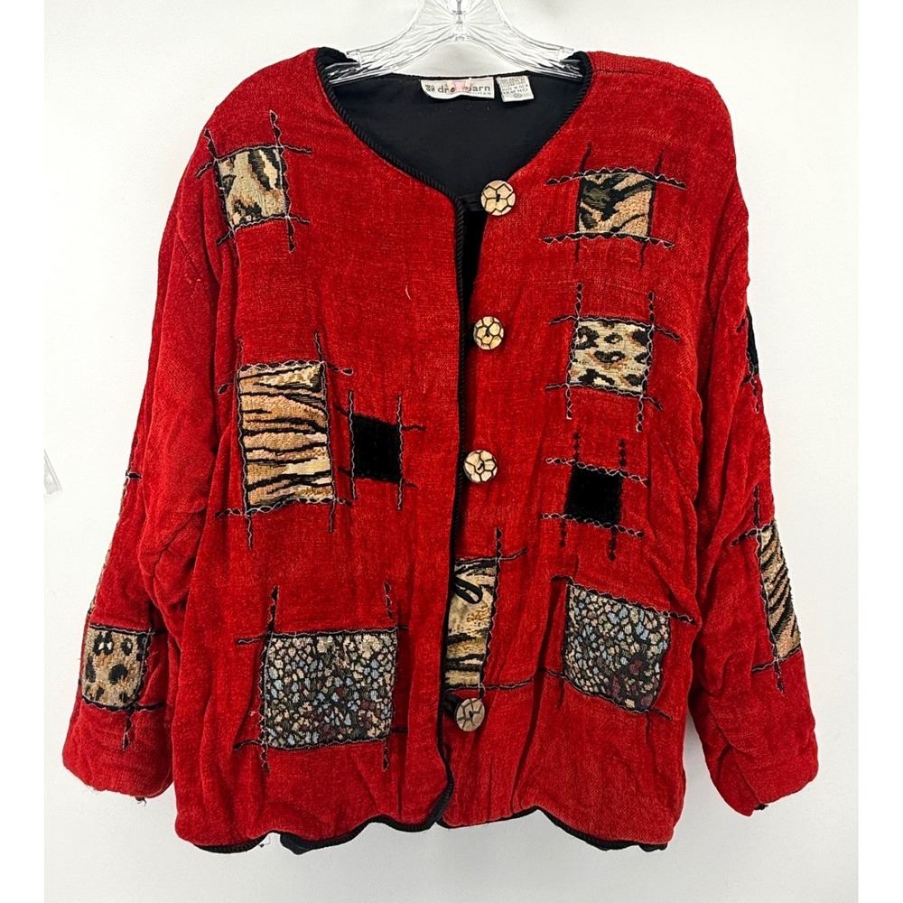 Dressbarn Woman Red Patchwork Animal Print Corduroy Jacket Plus Size 1X Vintage